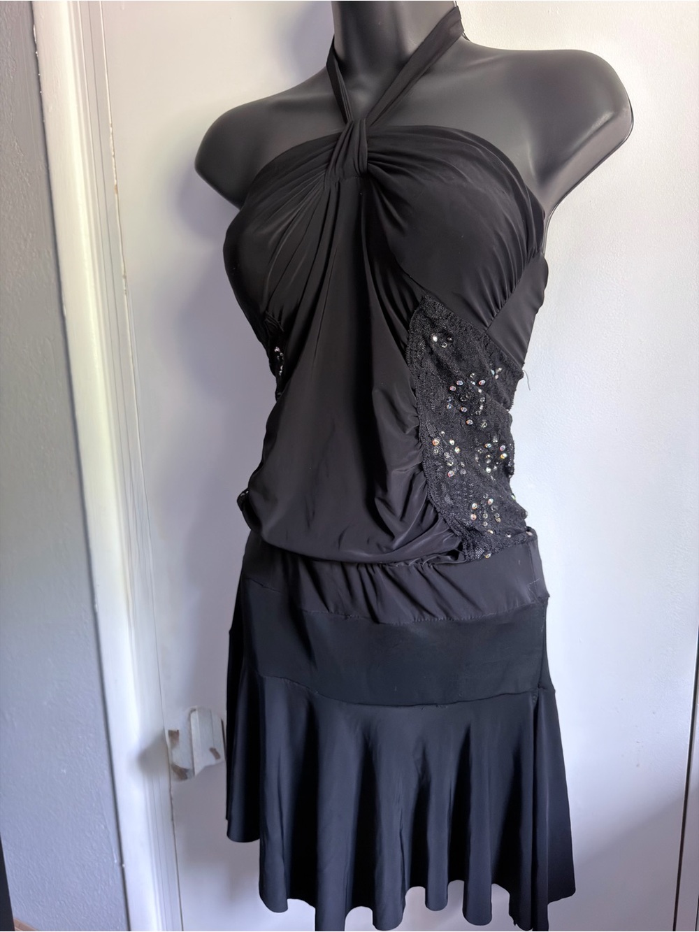 Vintage Danskin Clovis Black Halter Dance Dress Leotard Bodysuit Medium Y2K
